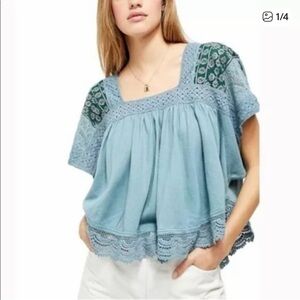 Free People Prairie Days Boho Seafoam Crochet Detail Wing Sleeve Top